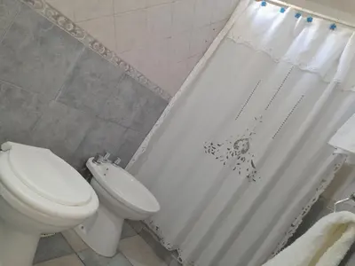 a bathroom with a toilet and a shower curtain at CELESTINA in Cordoba