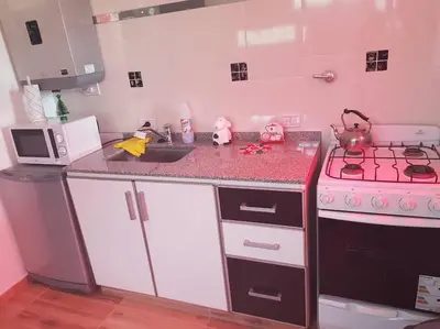 a small kitchen with a stove and a sink at LA MILAGROS PIQUITO DE ORO in Merlo