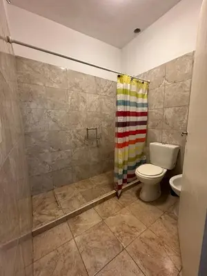 a bathroom with a shower curtain and a toilet at Departamento W R T 1 in Villa Carlos Paz