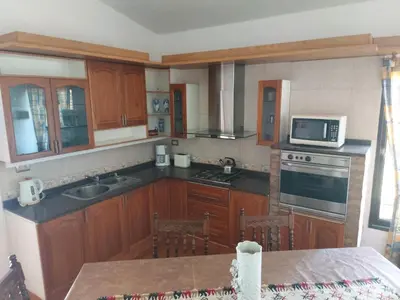 a kitchen with wooden cabinets and a sink and a microwave at Aire Serrano in Alta Gracia