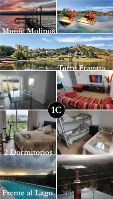 a collage of photos of a bedroom and a boat at Condominio Monte Molinos - Departamento en Náutico frente al Lago in Villa Ciudad de America
