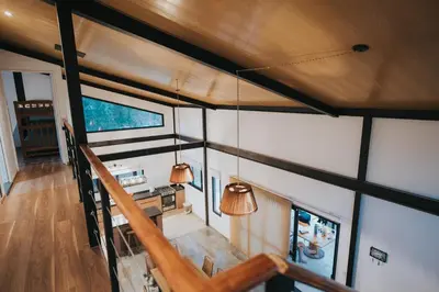 an overhead view of a house with a wooden ceiling at Casa Brunia Lago Los Molinos in Villa General Belgrano