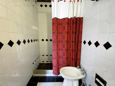 a bathroom with a toilet and a shower curtain at DEPARTAMENTO ROCA in Villa Carlos Paz