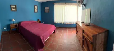 a bedroom with a bed and a television and blue walls at Sacha Manta in Mina Clavero