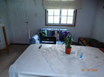a living room with a table and a chair with a plant at Cabaña La Chicha in Villa Anizacate