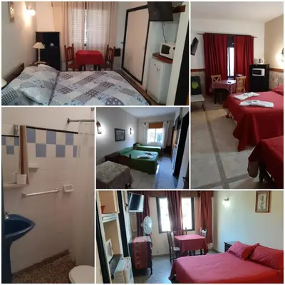 a collage of four pictures of a hotel room at ENTRESIERRAS Y RIO in Santa Rosa de Calamuchita