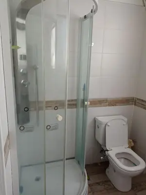 a bathroom with a toilet and a glass shower at loft interno in Villa General Belgrano