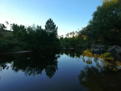 a river with trees reflecting in the water at Cabañas Rio y Playa in Atos Pampa
