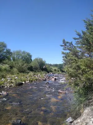 a river with rocks and trees on the side at Cabañas Rio y Playa in Atos Pampa