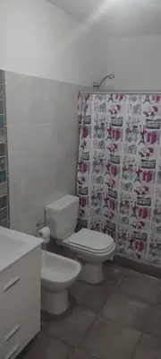 a bathroom with a toilet and a shower curtain at DEPARTAMENTO VILLA CARLOS PAZ CENTRO in Villa Carlos Paz