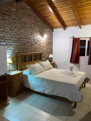 a bedroom with a bed and a brick wall at Posada D`Lua in Villa Carlos Paz
