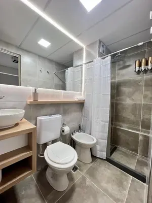 a bathroom with a toilet and a sink and a shower at Estudio - apartamento cómodo y acogedor SS1 in Cordoba