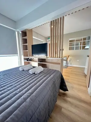 a bedroom with a bed and a flat screen tv at Estudio - apartamento cómodo y acogedor SS1 in Cordoba
