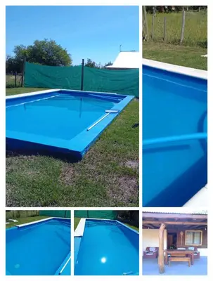 a collage of four pictures of a swimming pool at Peumayen Cabañas in Villa de Las Rosas