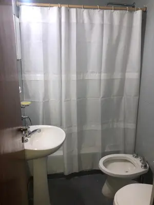 a bathroom with a sink and a toilet and a shower curtain at Departamento HMP en la mejor zona Cordoba in Cordoba