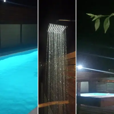two pictures of a shower and a swimming pool at night at CABAÑAS COPITL in Tanti
