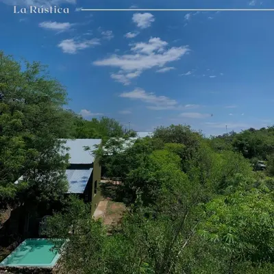 a house with a swimming pool in the trees at La Rústica in La Bolsa