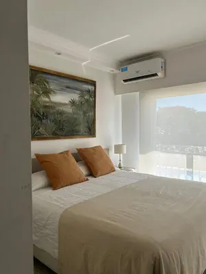 a bedroom with a large bed with a large window at Apart France - Un dormitorio con gim, piscina y estacionamiento in Río Cuarto