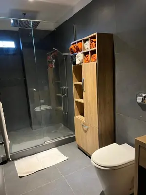 a bathroom with a shower and a toilet and a glass shower stall at MAGIC DPTO - GENERAL PAZ in Cordoba