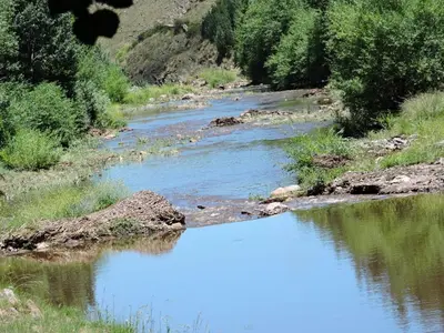 a river with a reflection in the water at La Francisca in La Carolina