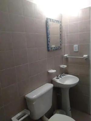 a bathroom with a toilet and a sink and a mirror at La Francisca in La Carolina