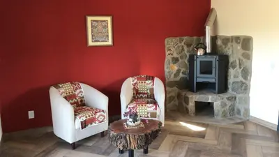 a living room with two chairs and a fireplace at Cabana Villa Alpina in Villa Alpina