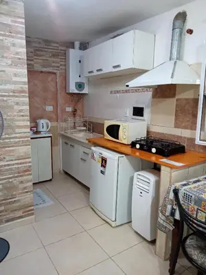 a small kitchen with white cabinets and a counter top at El Nogal monoambiente kichenete in Alta Gracia