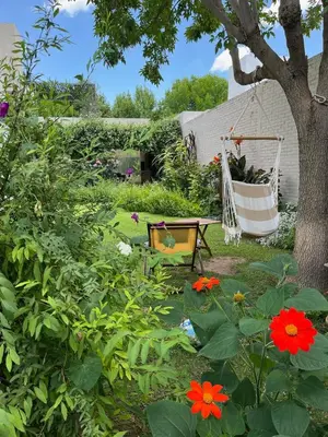 a garden with red flowers and a swing at Mi Universo in Villa Cura Brochero