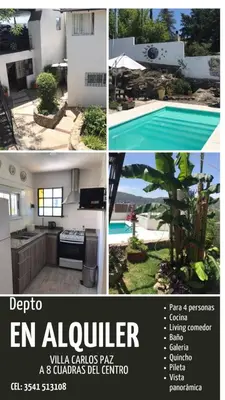 a collage of pictures of a house and a pool at El Chañar in Villa Carlos Paz