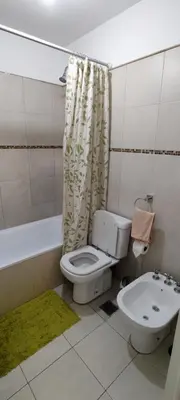 a bathroom with a toilet and a shower curtain at Departamento Alta Cordoba 