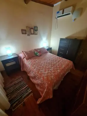 a bedroom with a bed and two night stands at Cabaña Alma 2 in Villa Carlos Paz