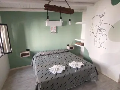 a bedroom with a bed in a green wall at Sierras Alojamiento SUITE in Mina Clavero