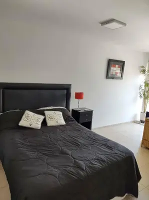 a bedroom with a large black bed with two pillows at Piso entero en la mejor ubicación in Cordoba
