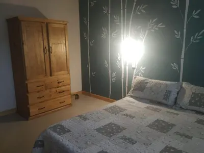 a bedroom with a bed and a wall with trees at Cabaña Arroyo de los Patos in Arroyo de Los Patos