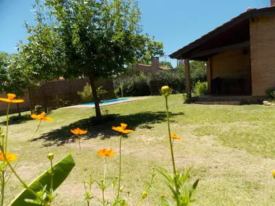 a yard with a tree and flowers in the grass at La cabañita de Maco in Nono