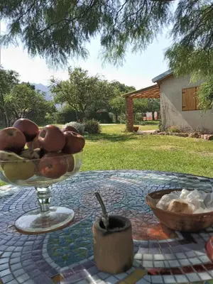 a bowl of apples sitting on a table with a bowl of bread at Las Guardia in Cortaderas