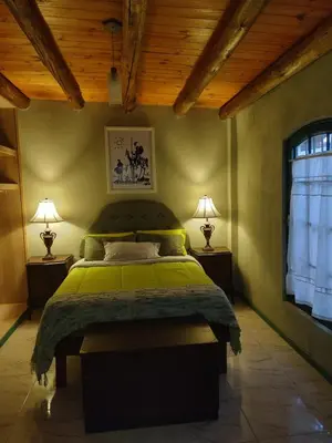 a bedroom with a green bed with two lamps at La Casona de Cerro Colonial in Trapiche