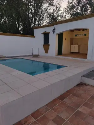 a swimming pool in a backyard with a white wall at La Casona de Cerro Colonial in Trapiche