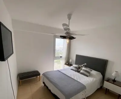 a bedroom with a bed and a ceiling fan at DEPARTAMENTO ANTIGUA CERVECERIA in Cordoba