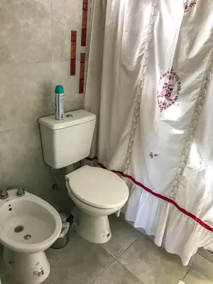 a bathroom with a toilet and a shower curtain at Departamentos El Milagro in Tanti