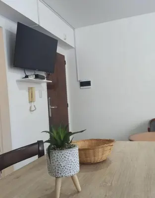 a potted plant sitting on a table with a tv at Departamento Bolivar in Cordoba