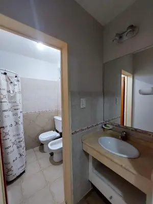 a bathroom with a sink and a toilet and a mirror at Depto Centro de Carlos Paz in Villa Carlos Paz