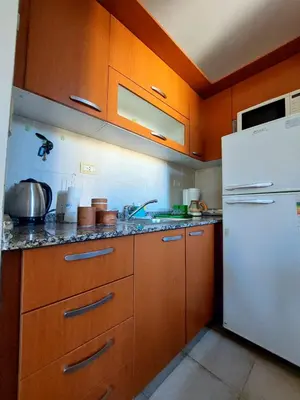 a kitchen with wooden cabinets and a white refrigerator at Depto Centro de Carlos Paz in Villa Carlos Paz