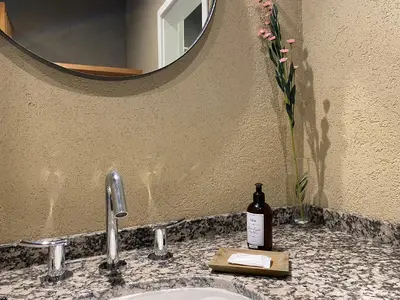 a bottle of wine sitting on a bathroom sink at Sol Suites in Villa Cura Brochero