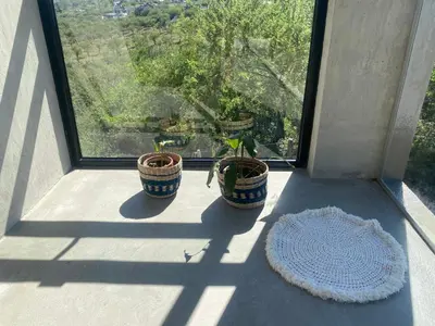 three potted plants sitting on a window sill at Sol Suites in Villa Cura Brochero