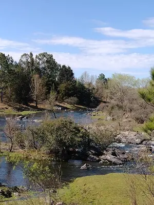 a river with trees and a bridge over it at Cabaña en Villa Amancay in Villa Amancay
