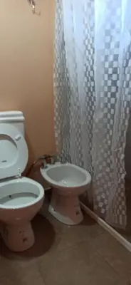 a bathroom with a toilet and a shower curtain at Cabañas LAS REARTENSES in Los Reartes
